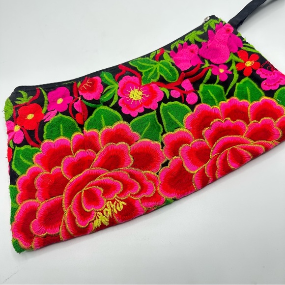 Embroidered Tropical Floral Bird Clutch Makeup Bag Travel Pouch Boho Colorful - Picture 6 of 12